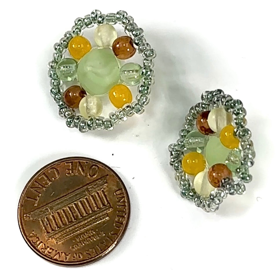 Czech Glass Beads 0.8 inch Round Ornament Green Multi Combination 2 pieces CA067