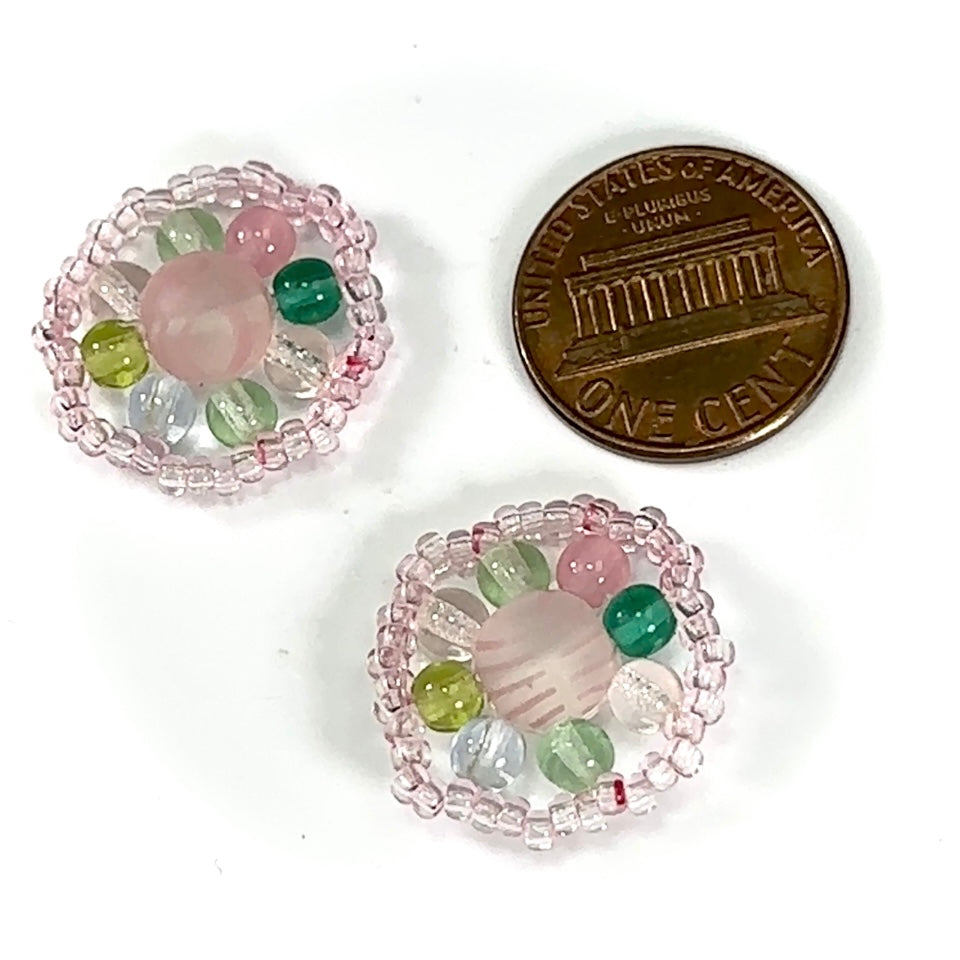 Czech Glass Beads 0.8 inch Round Ornament Pink and Light Green Combination 2 pieces CA068