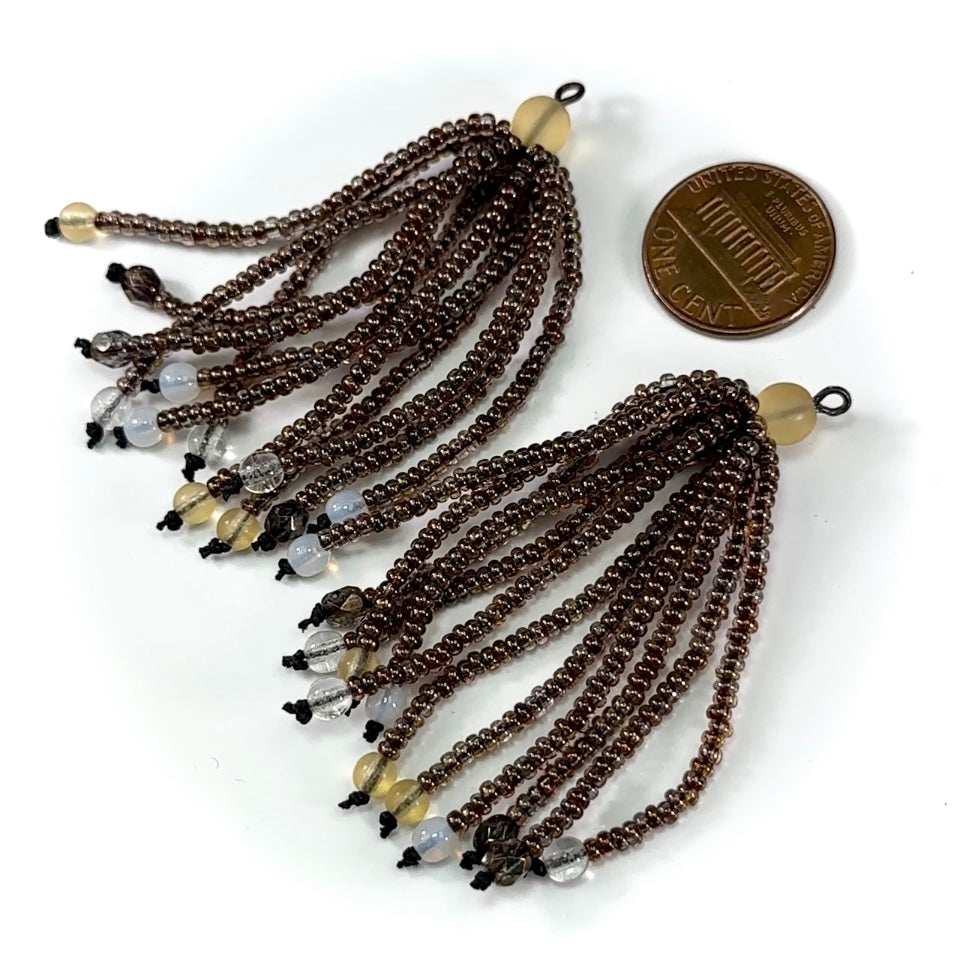 Czech Glass Beads 2.5 inch Tassel Ornament Brown Combination Pendants 2 pieces CA071