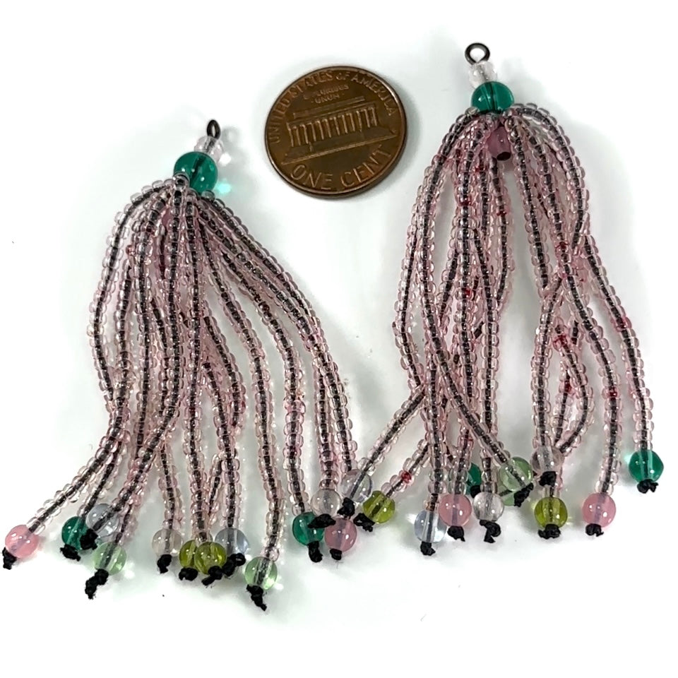 Czech Glass Beads 2.5 inch Tassel Ornament Pink and Green Combination Pendants 2 pieces CA075
