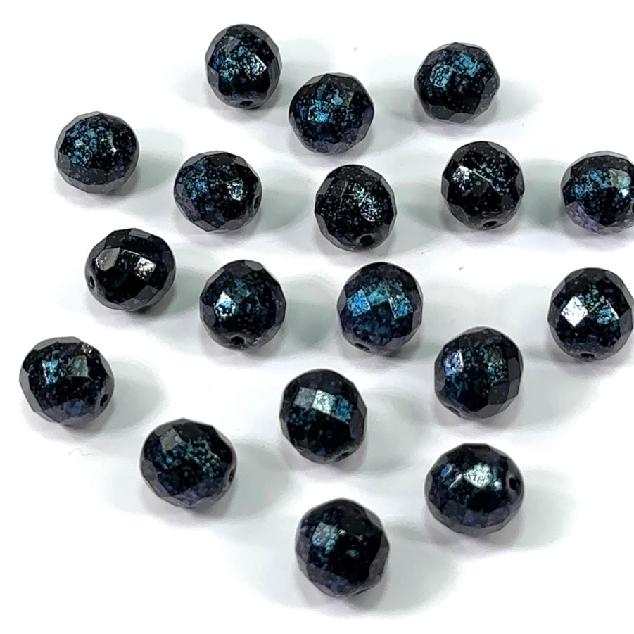 Black Blue Marble Metallic coating loose Traditional Czech Fire Polished Round Faceted Glass Beads 12mm 18pcs CF037