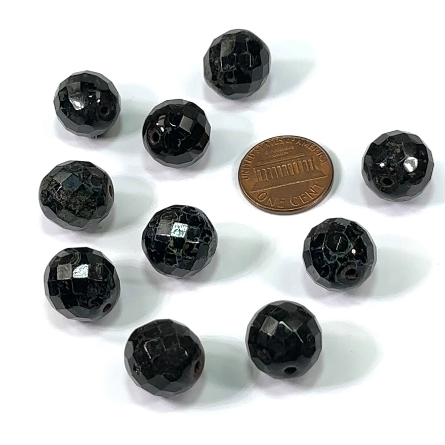 Black Green Marble Metallic coating loose Traditional Czech Fire Polished Round Faceted Glass Beads 12mm 14mm
