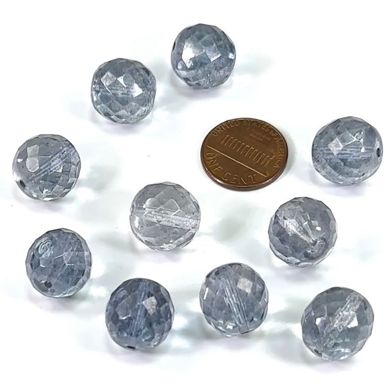 Crystal Blue Luster coated loose Traditional Czech Fire Polished Round Faceted Glass Beads light grey 14mm 10pcs CF068