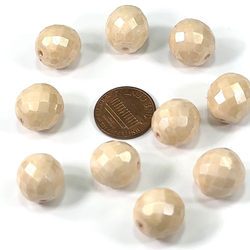 ChalkWhite Opaque Beige Luster loose Traditional Czech Fire Polished Round Faceted Glass Beads 14mm 10pcs CF073