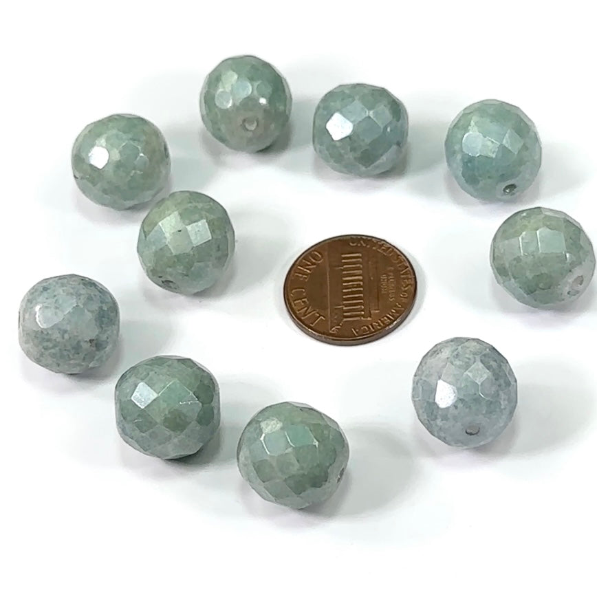 ChalkWhite Opaque Green Luster loose Traditional Czech Fire Polished Round Faceted Glass Beads 14mm 10pcs CF074-A