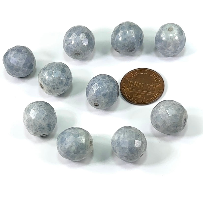 ChalkWhite Opaque Blue Luster loose Traditional Czech Fire Polished Round Faceted Glass Beads 14mm 10pcs CF074-B