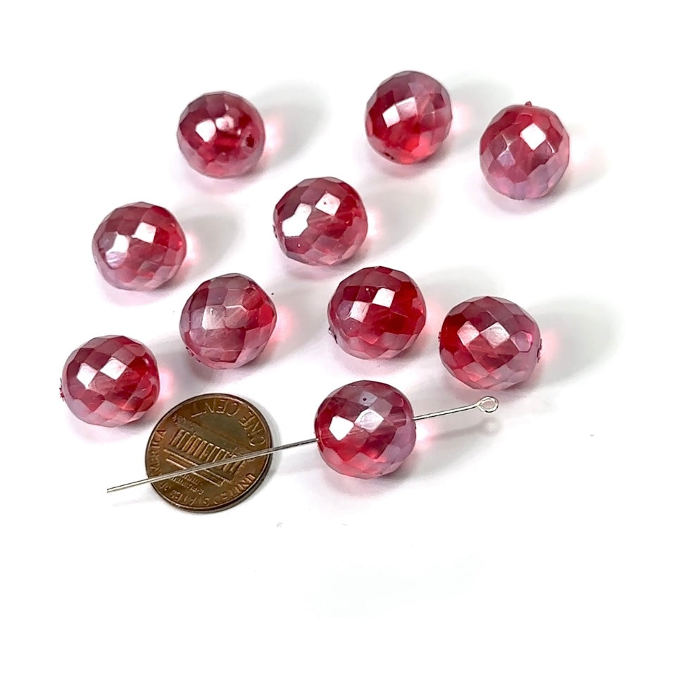 Milky Satin Red coated loose Traditional Czech Fire Polished Round Faceted Glass Beads 14mm 10pcs CF089