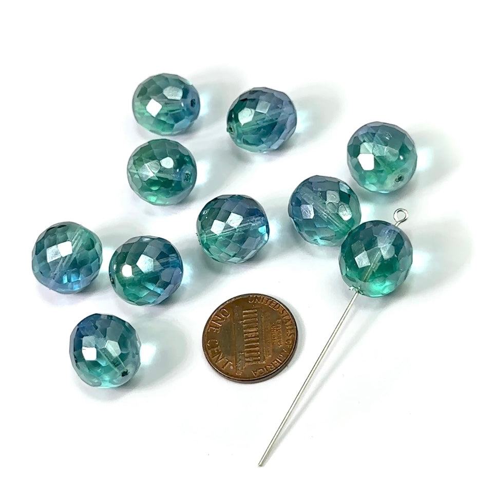 Milky Satin Blue-Green coated loose Traditional Czech Fire Polished Round Faceted Glass Beads 14mm 10pcs CF090