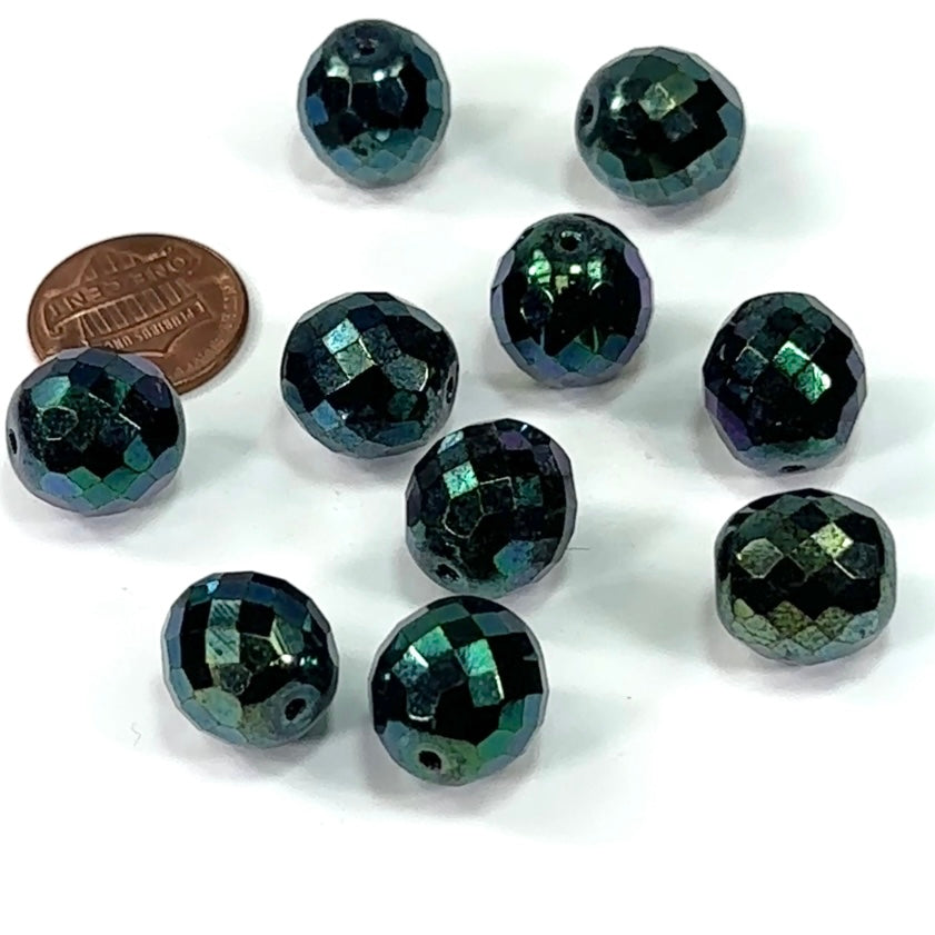 Jet Green Iris fully coated loose Traditional Czech Fire Polished Round Faceted Glass Beads 10mm 14mm Green Khaki and Woods Green
