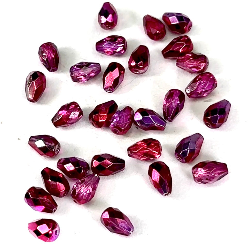 Czech Glass Pear Shaped Fire Polished Beads 9x6mm Crystal Hot Pink Silver coated Tear Drops 30 pieces CF173