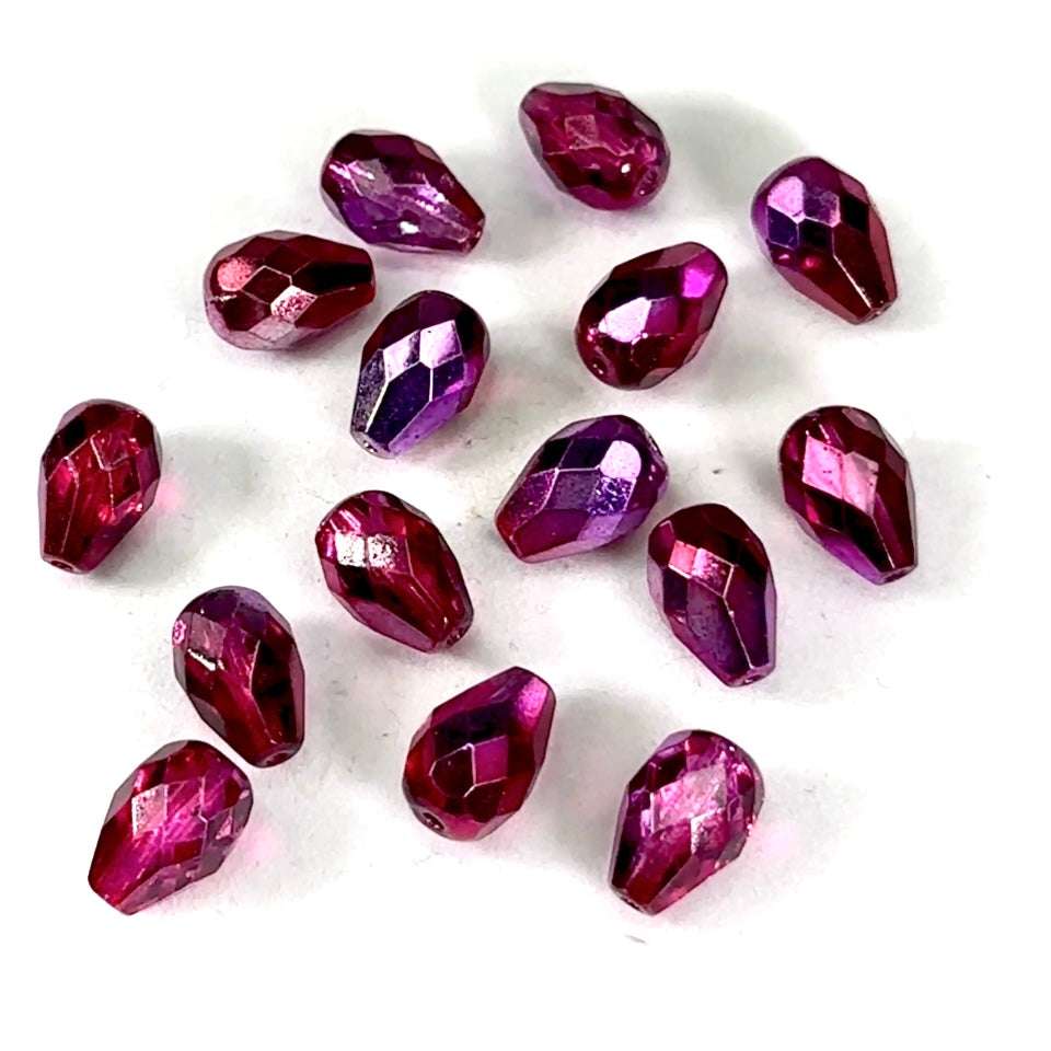 Czech Glass Pear Shaped Fire Polished Beads 13x9mm Crystal Hot Pink Silver coated Tear Drops 15 pieces CF174