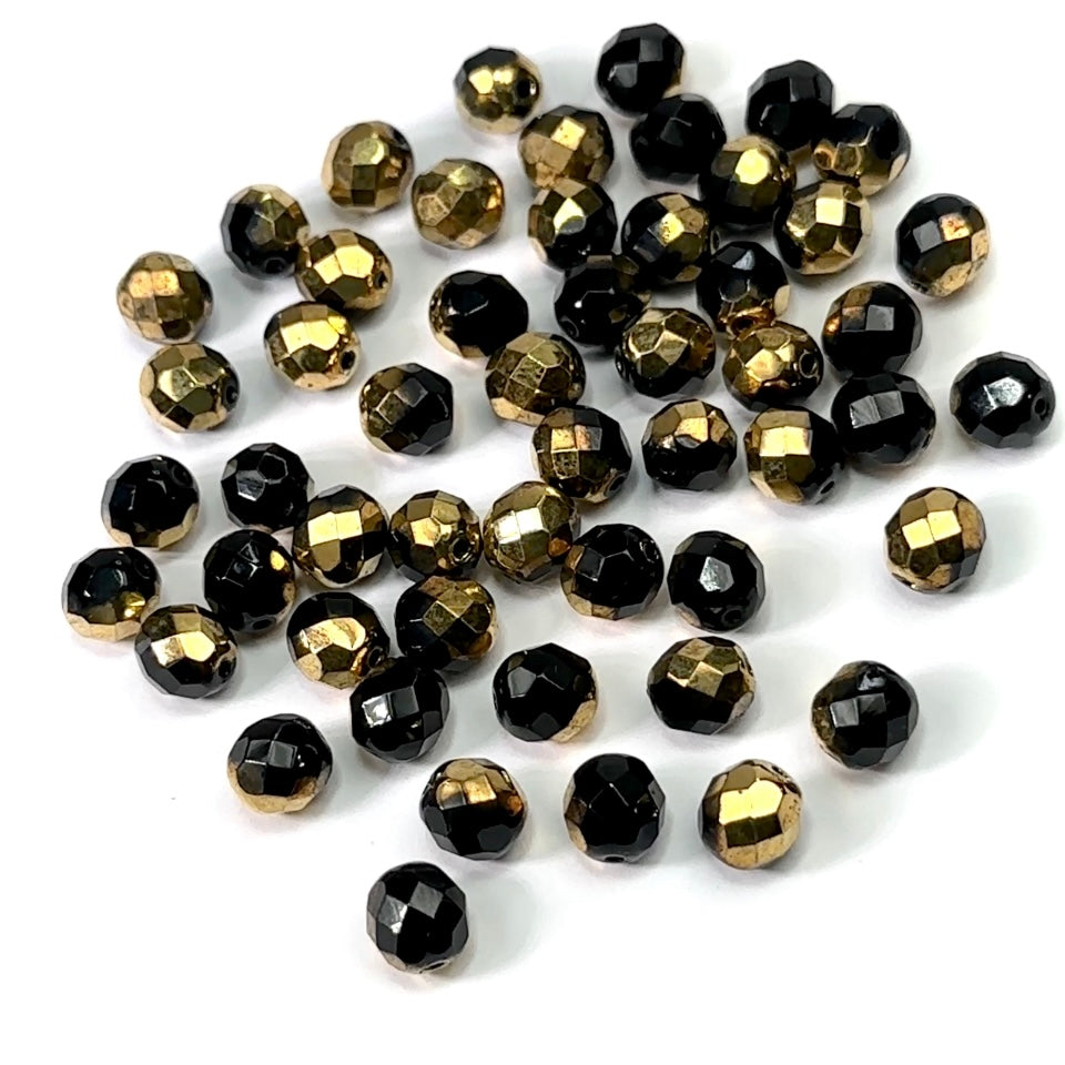 Jet Black Half Gold coated loose Traditional Czech Fire Polished Round Faceted Glass Beads 6mm 8mm 10mm 12mm