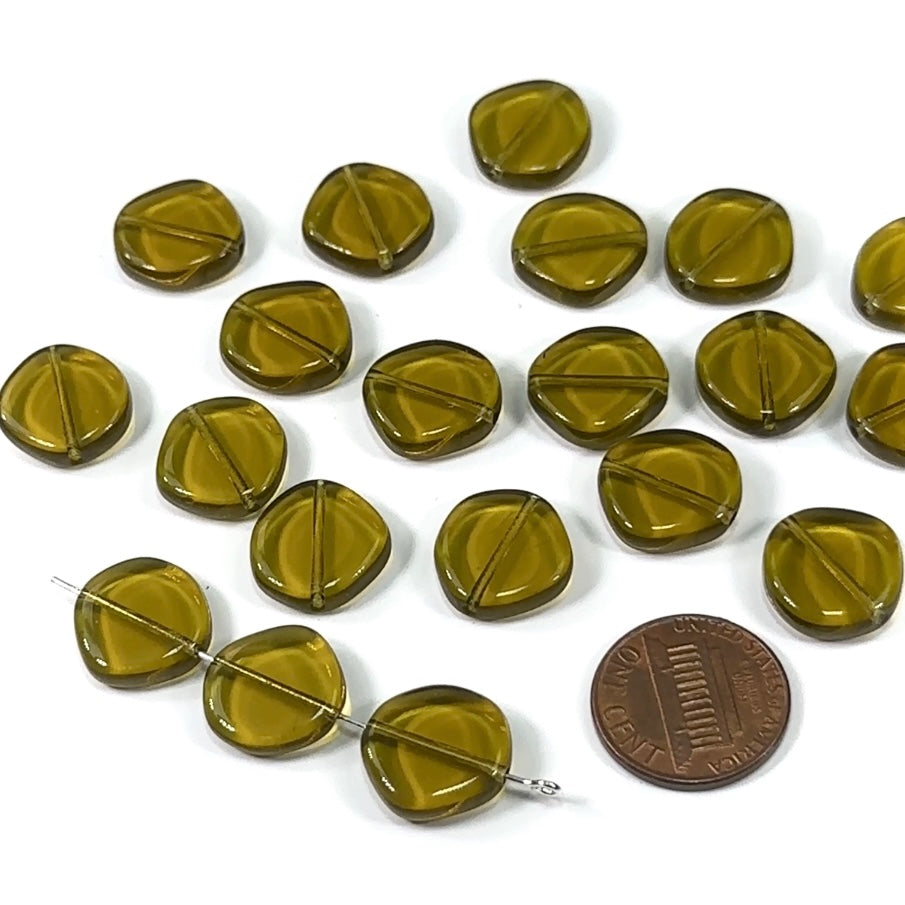 Czech Pressed Druk Smooth Flat Disc Glass Beads Khaki green 14mm 20pcs CL006