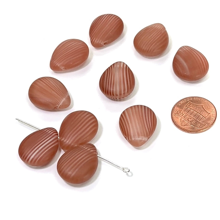 Czech Pressed Druk Glass Beads Chunky Teardrop Petal with Top Hole Across 20x15mm Crystal Brown Stripe Matted 10 pieces CL008