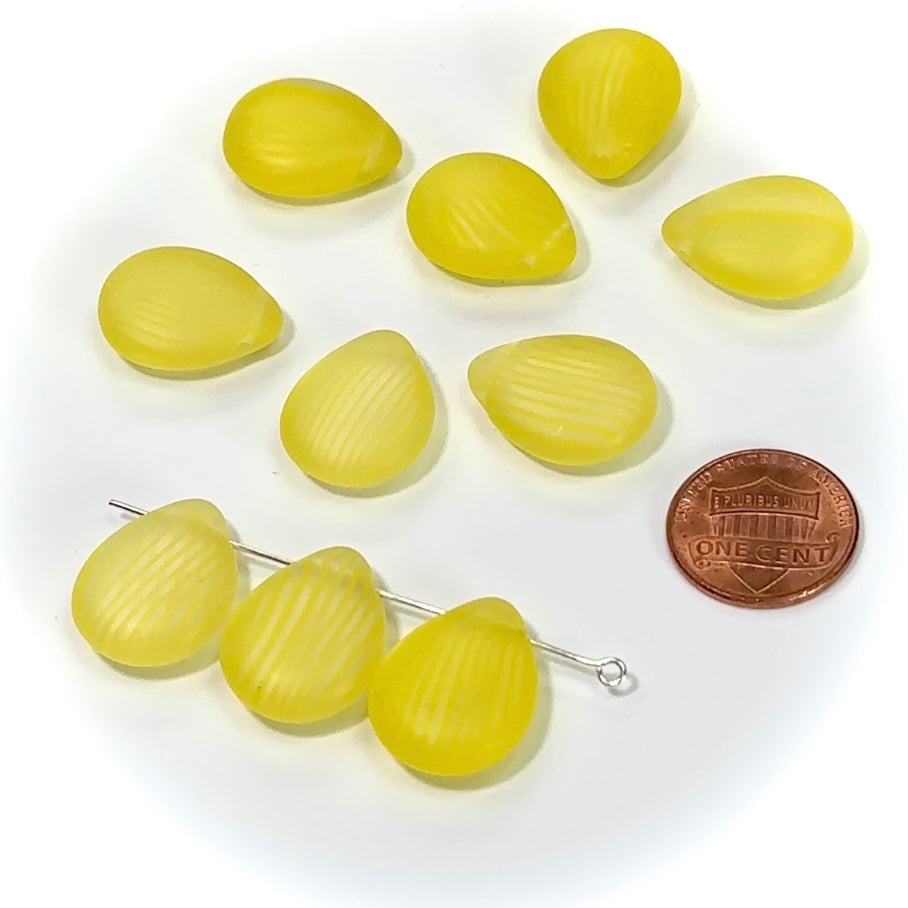 Czech Pressed Druk Glass Beads Chunky Teardrop Petal with Top Hole Across 20x15mm Crystal Yellow Stripe Matted 10 pieces CL009