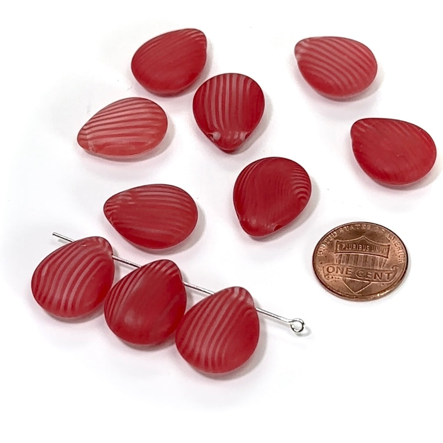 Czech Pressed Druk Glass Beads Chunky Teardrop Petal with Top Hole Across 20x15mm Crystal Red Stripe Matted 10 pieces CL011