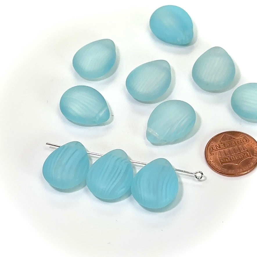 Czech Pressed Druk Glass Beads Chunky Teardrop Petal with Top Hole Across 20x15mm Crystal Blue Stripe Matted 10 pieces CL012