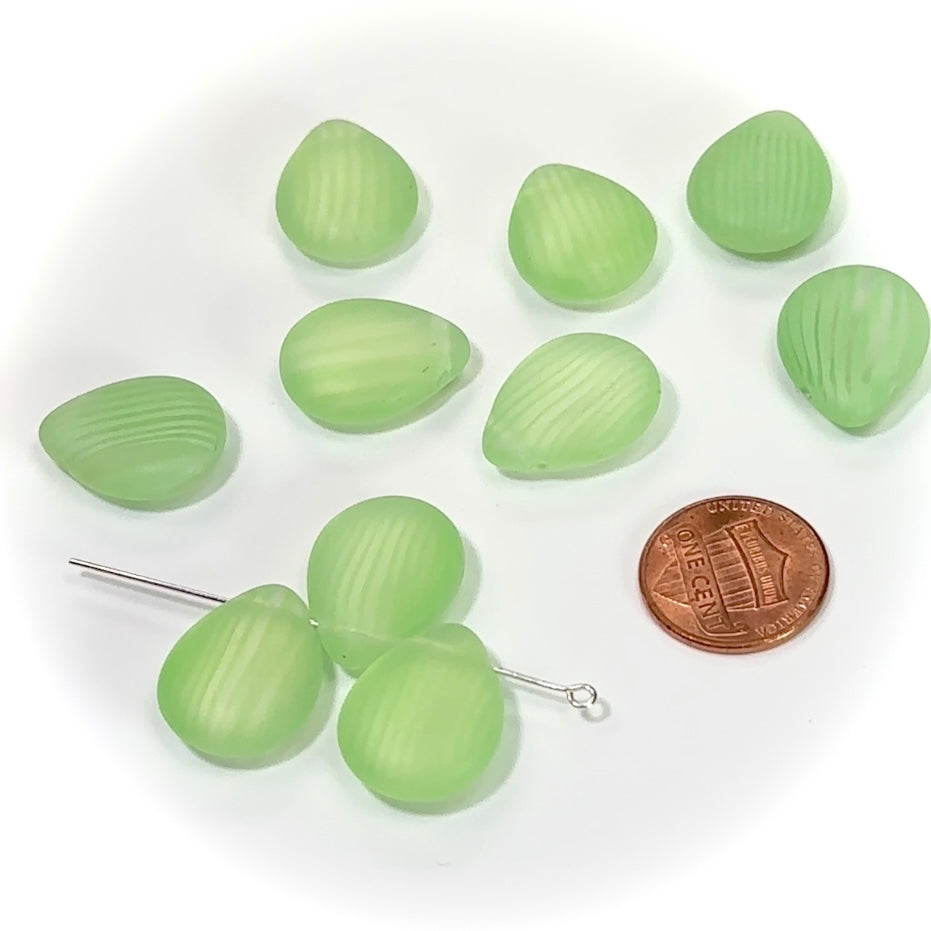 Czech Pressed Druk Glass Beads Chunky Teardrop Petal with Top Hole Across 20x15mm Crystal Green Stripe Matted 10 pieces CL013
