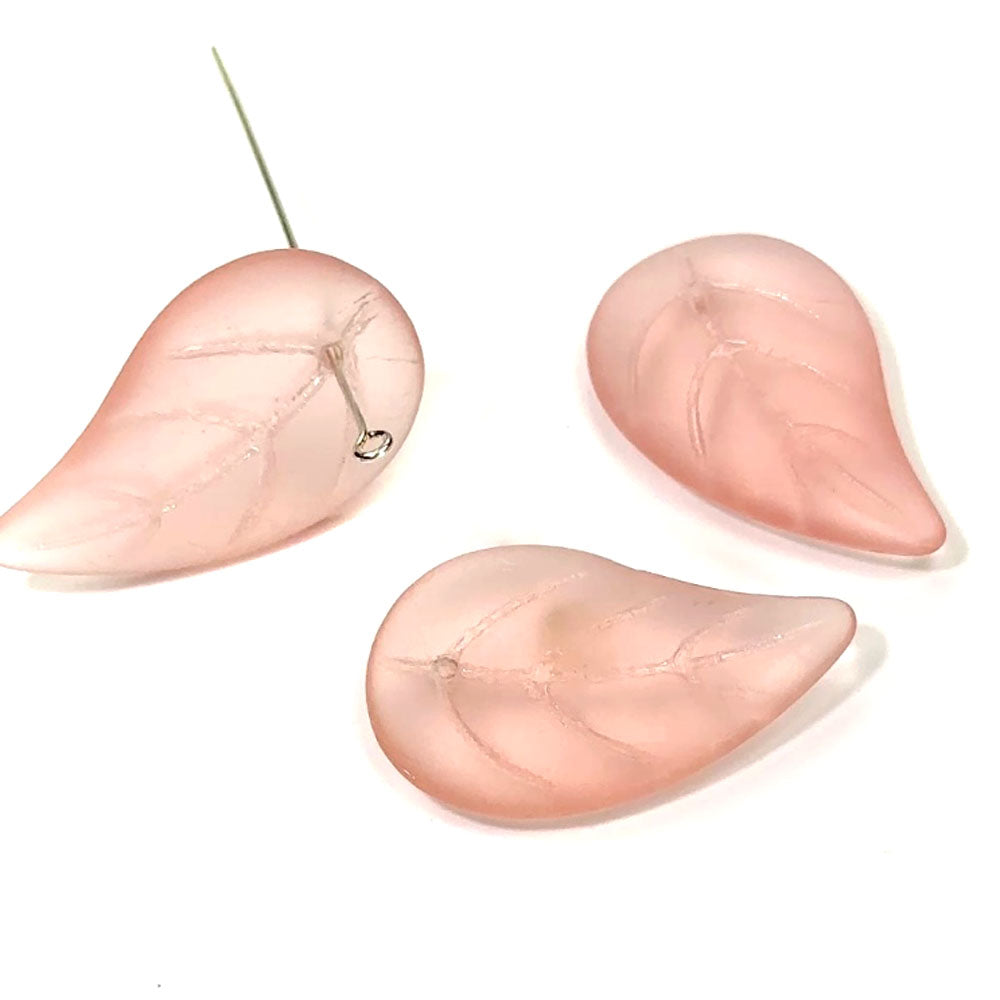 Czech Pressed Druk Glass Beads Large Leaf with Top Hole To Be Used As a Pendant 34x20mm Rosaline Pink Matted 3 pieces CL019