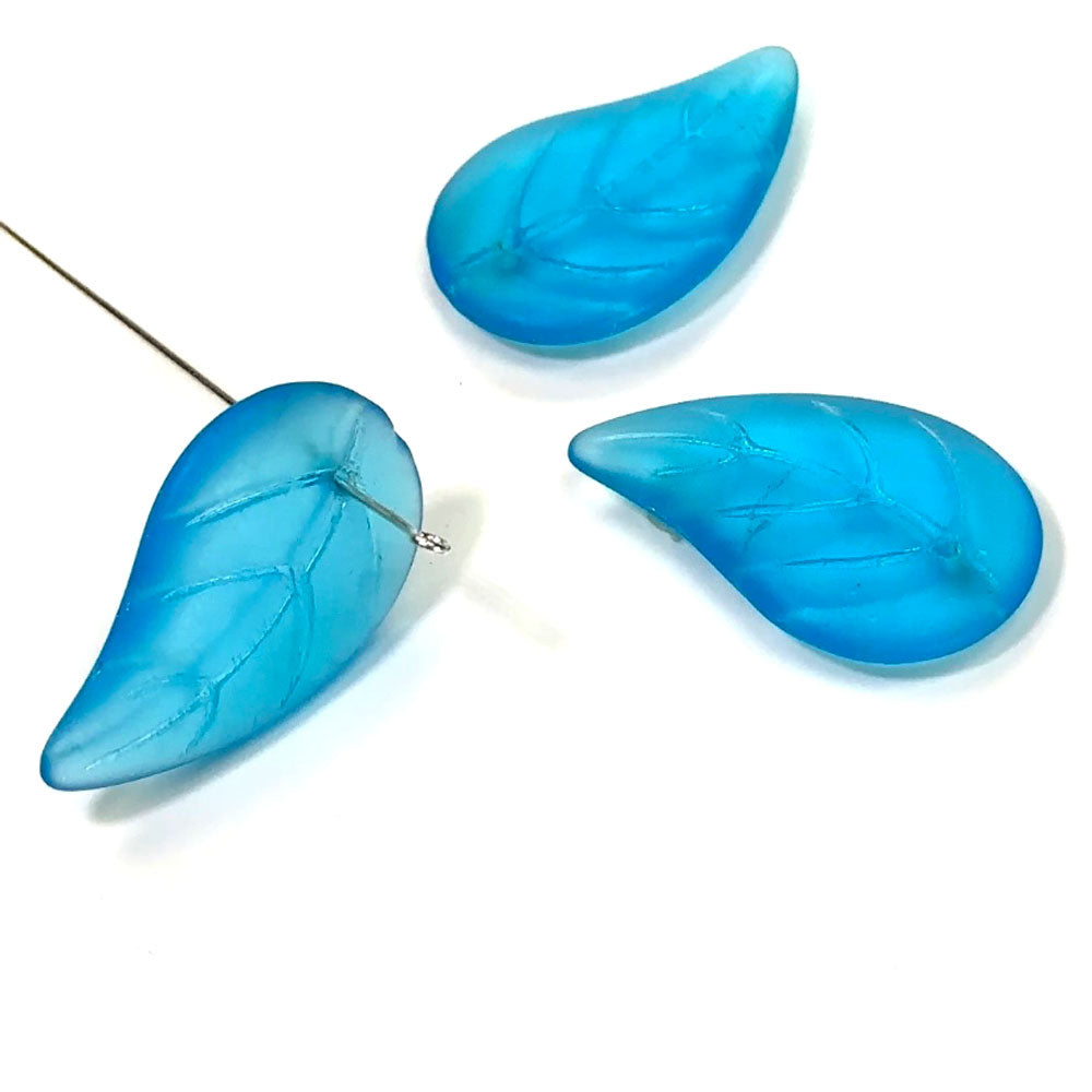 Czech Pressed Druk Glass Beads Large Leaf with Top Hole To Be Used As a Pendant 34x20mm Aqua Blue Matted 3 pieces CL020