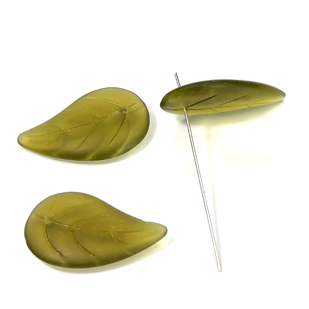 Czech Pressed Druk Glass Beads Large Leaf with Top Hole To Be Used As a Pendant 34x20mm Light Olivine Green Matted 3 pieces CL021
