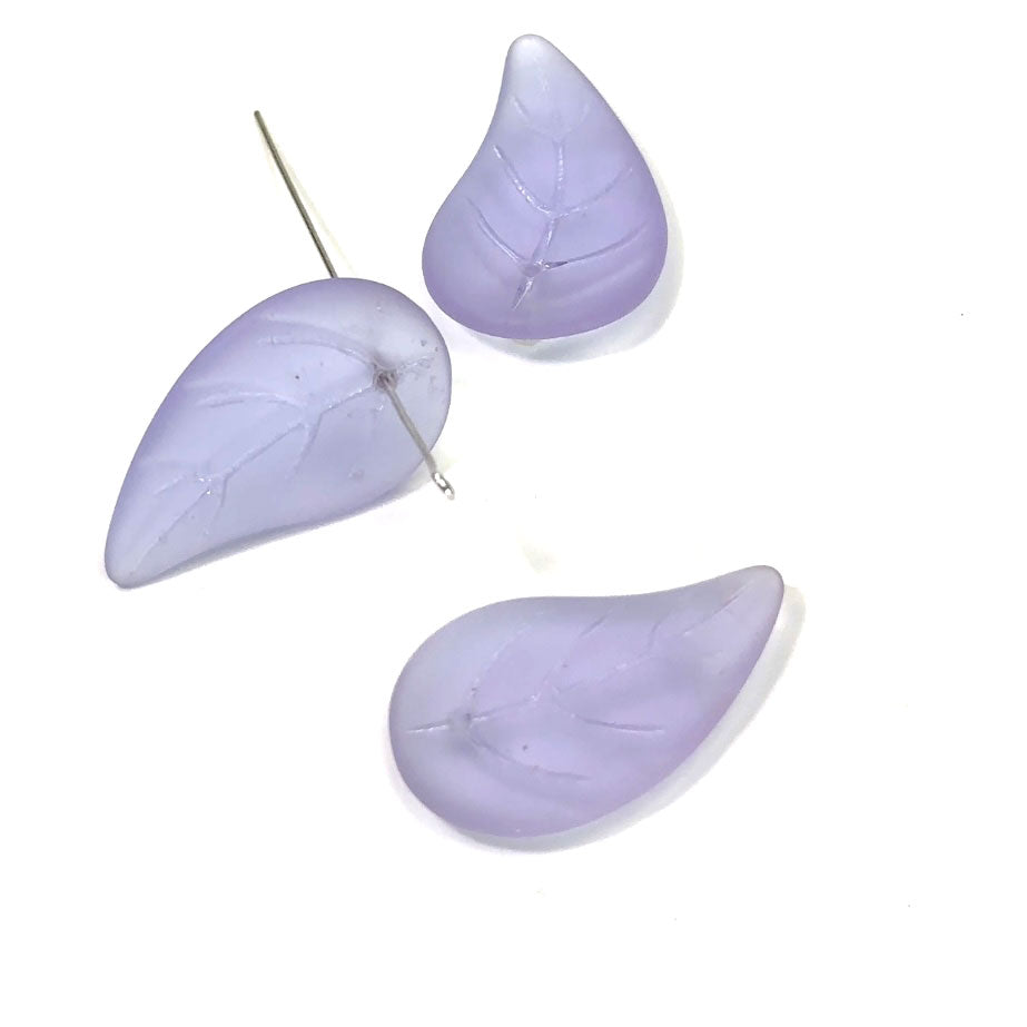 Czech Pressed Druk Glass Beads Large Leaf with Top Hole To Be Used As a Pendant 34x20mm Lavender Lilac Matted 3 pieces CL022