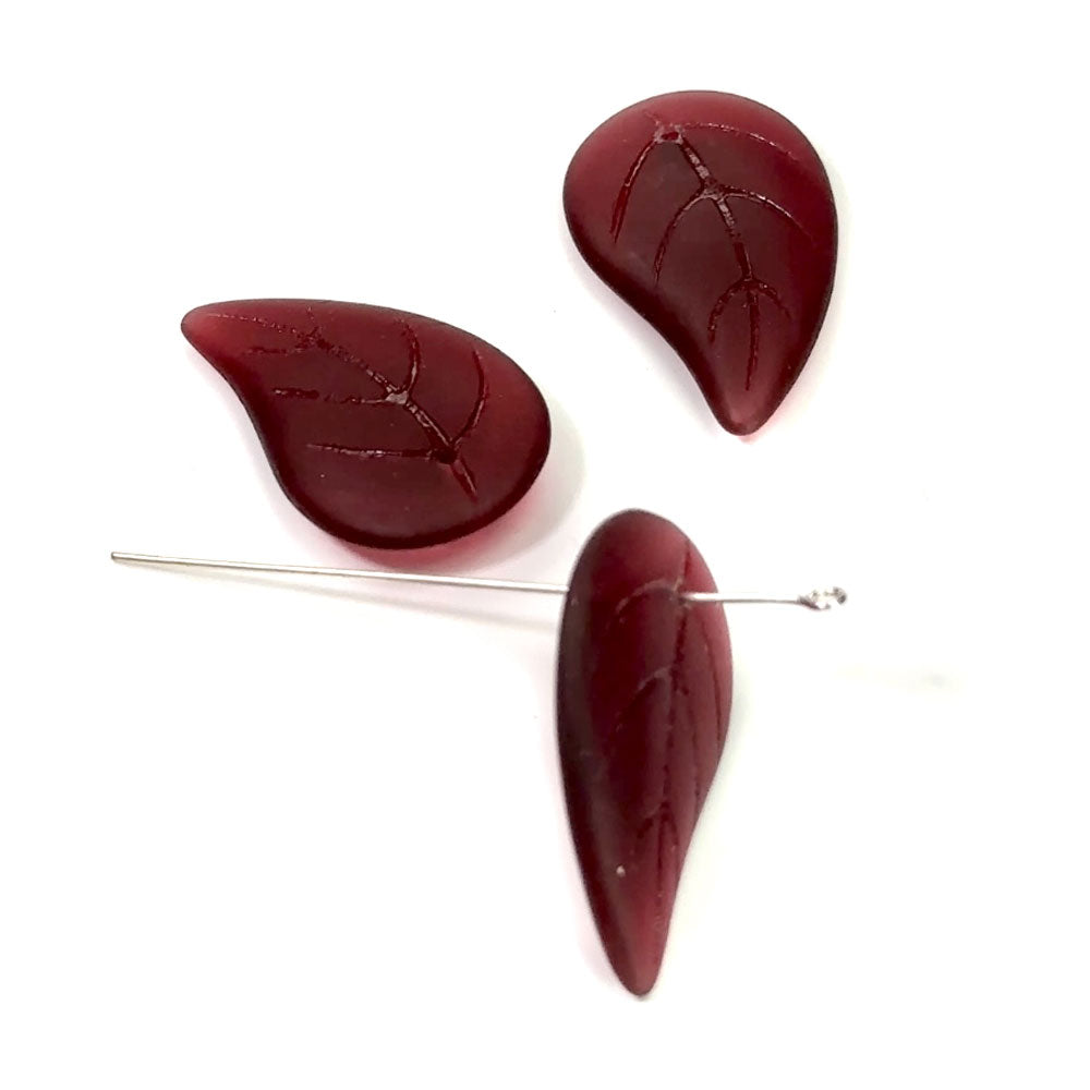 Czech Pressed Druk Glass Beads Large Leaf with Top Hole To Be Used As a Pendant 34x20mm Magenta Dark Red Matted 3 pieces CL024