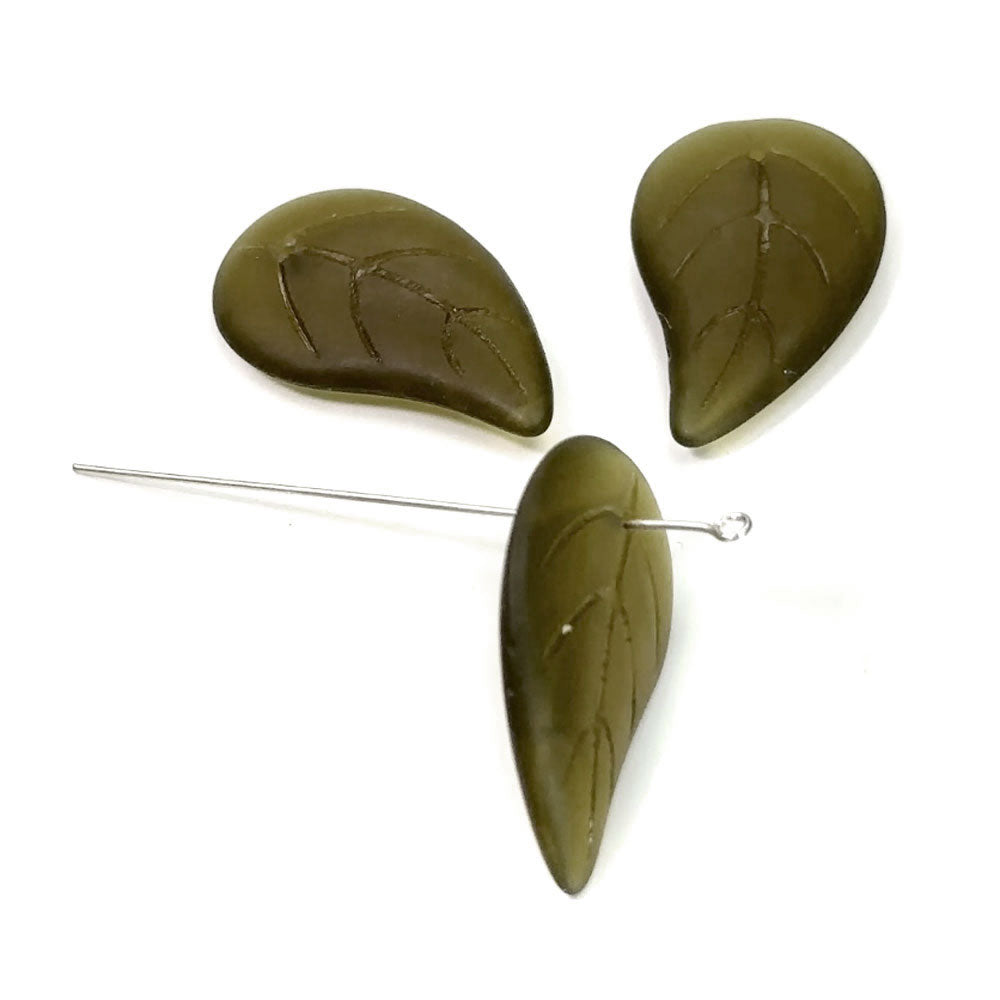 Czech Pressed Druk Glass Beads Large Leaf with Top Hole To Be Used As a Pendant 34x20mm Dark Olivine Matted 3 pieces CL025