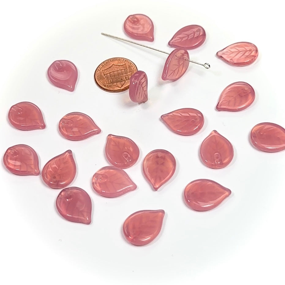 Czech Pressed Druk Glass Beads Leaf with Top Hole To Be Used As a Pendant 18x13mm Pink Opal 20 pieces CL030