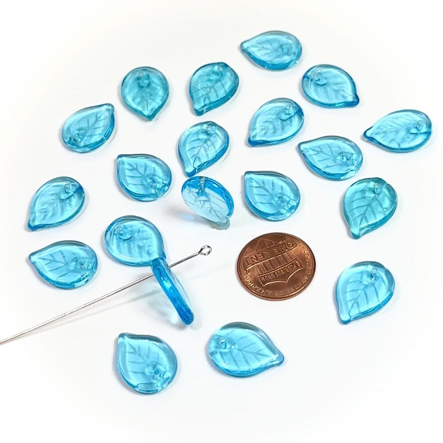Czech Pressed Druk Glass Beads Leaf with Top Hole To Be Used As a Pendant 18x13mm Aqua blue 20 pieces CL031