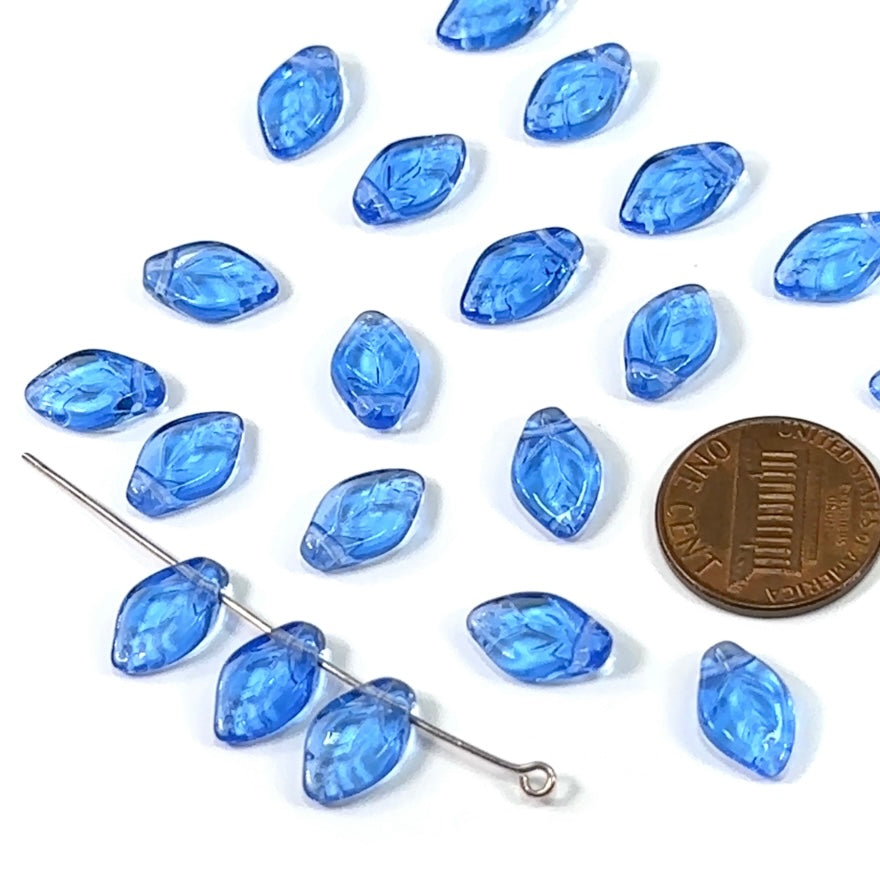 Czech Pressed Druk Glass Beads Small Leaf Shaped with Top Hole Across 12x8mm Sapphire blue 20 pieces CL039