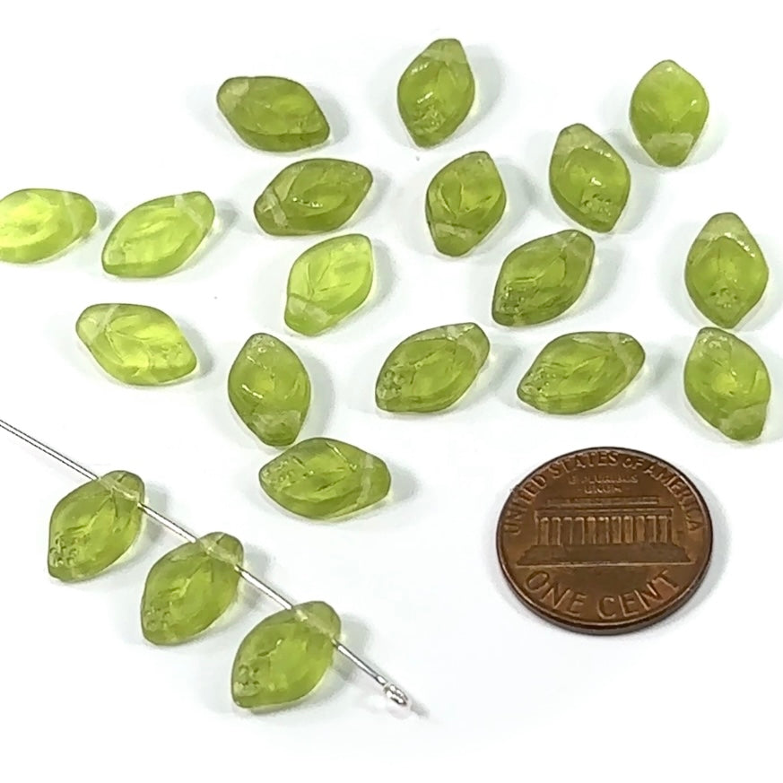 Czech Pressed Druk Glass Beads Small Leaf Shaped with Top Hole Across 12x8mm Green Olivine Matted 20 pieces CL041