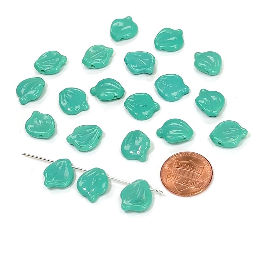 Czech Pressed Druk Glass Beads Leaf Peonia Shape with Top Hole Across 14x12mm Turquoise Green Opaque 20 pieces CL042