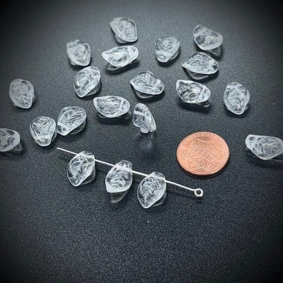 Czech Pressed Druk Glass Beads Small Leaf Wavy Curved Shape with Top Hole Across 15x10mm Clear Crystal 20 pieces CL043