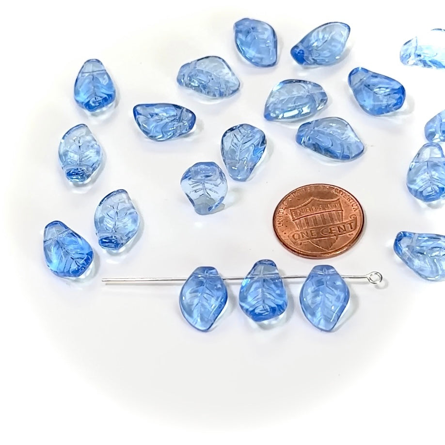 Czech Pressed Druk Glass Beads Small Leaf Wavy Curved Shape with Top Hole Across 15x10mm Sapphire blue 20 pieces CL046
