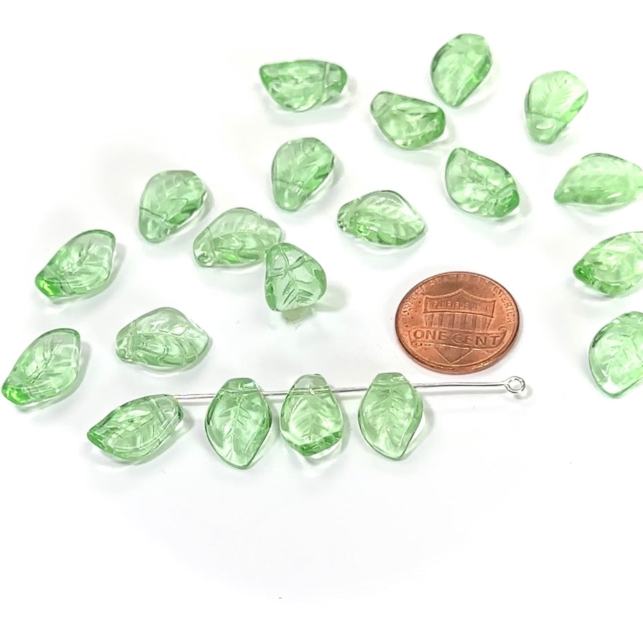 Czech Pressed Druk Glass Beads Small Leaf Wavy Curved Shape with Top Hole Across 15x10mm Peridot green 20 pieces CL048