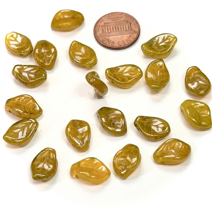 Czech Pressed Druk Glass Beads Small Leaf Wavy Curved Shape with Top Hole Across 15x10mm Yellow Opal with Green Luster Finish 20 pieces CL051