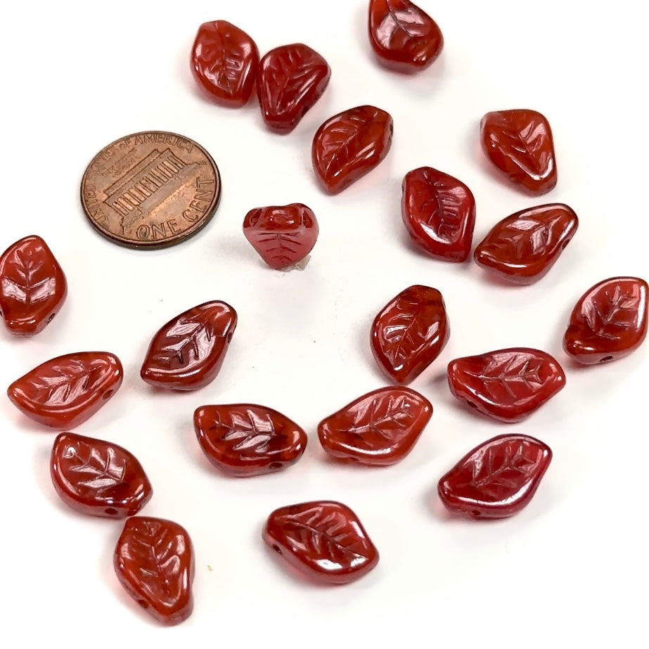 Czech Pressed Druk Glass Beads Small Leaf Wavy Curved Shape with Top Hole Across 15x10mm Red Opal with Luster Finish 20 pieces CL052