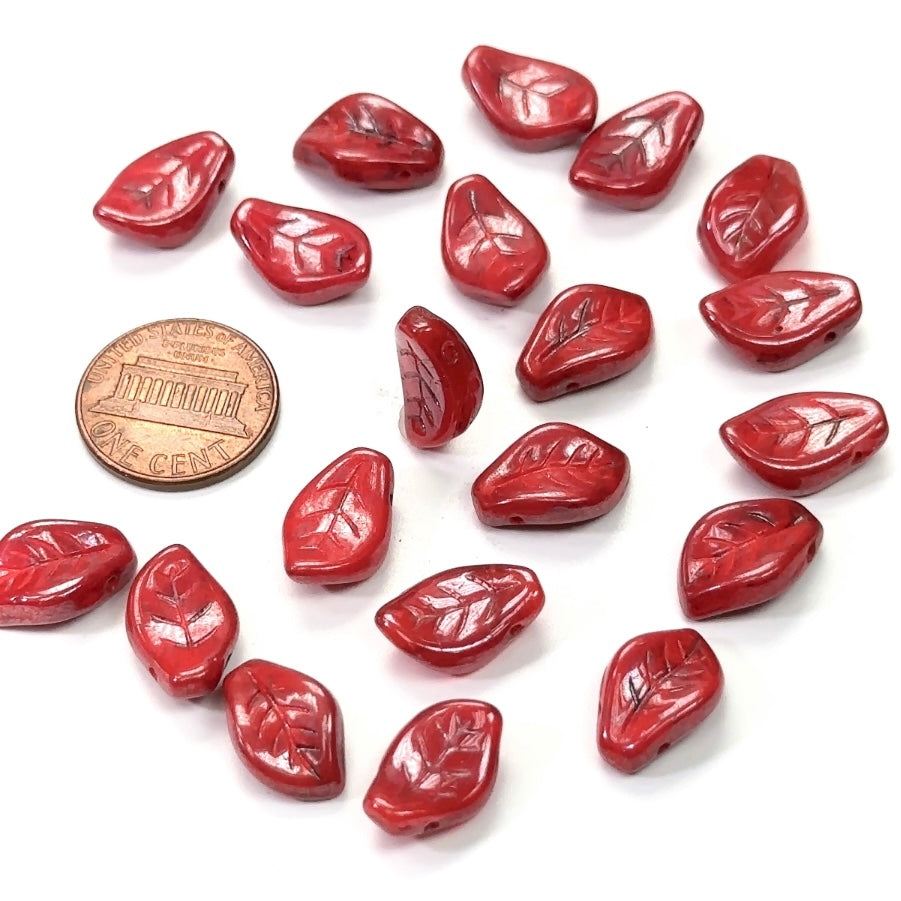 Czech Pressed Druk Glass Beads Small Leaf Wavy Curved Shape with Top Hole Across 15x10mm Solid Red with Luster Finish 20 pieces CL054
