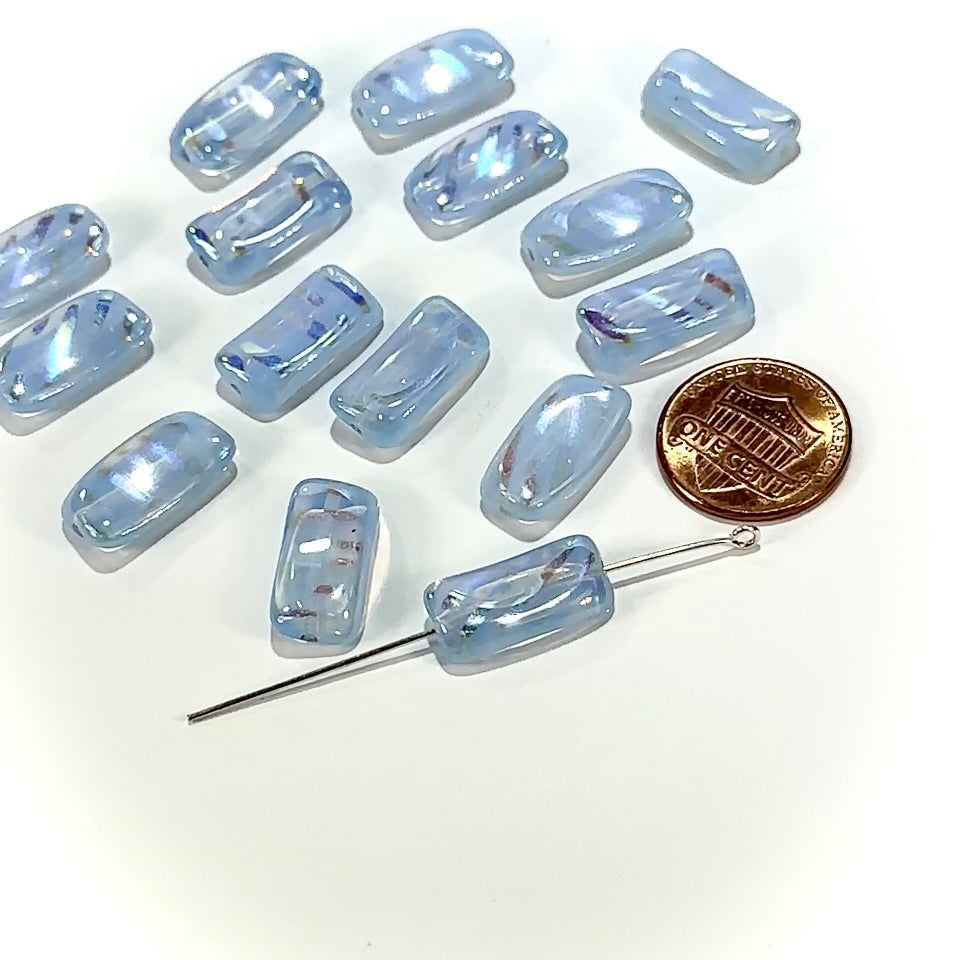 Czech Pressed Druk Twisted Rectangle Glass Beads 18x9mm Light Blue Opal with Metallic Stripes 15pcs CL1001