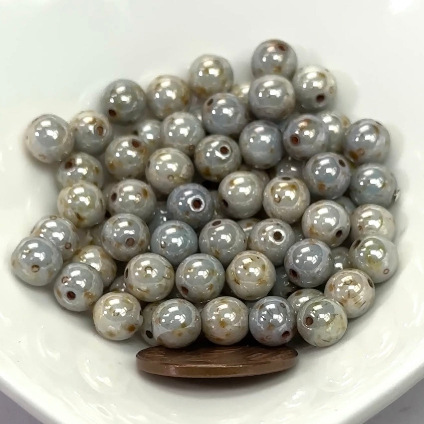 Czech Pressed Druk Round Smooth Glass Beads 6mm ChalkWhite Green Luster 80 pieces CL104