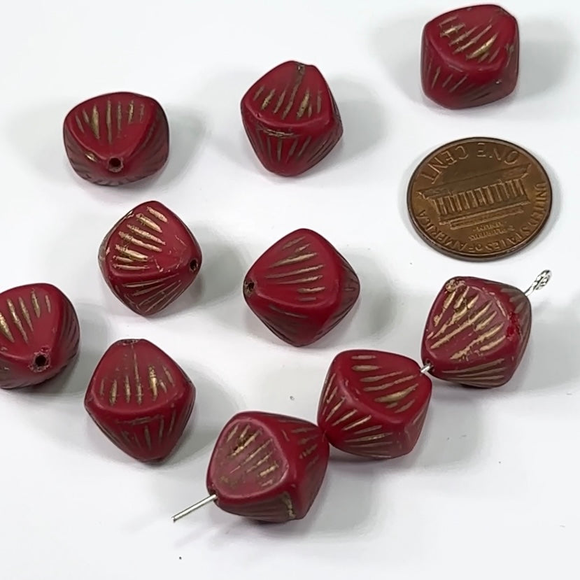 Czech Pressed Druk Fancy Glass Beads Deep Red with Gold Stripes 15x14mm 10pcs CL105