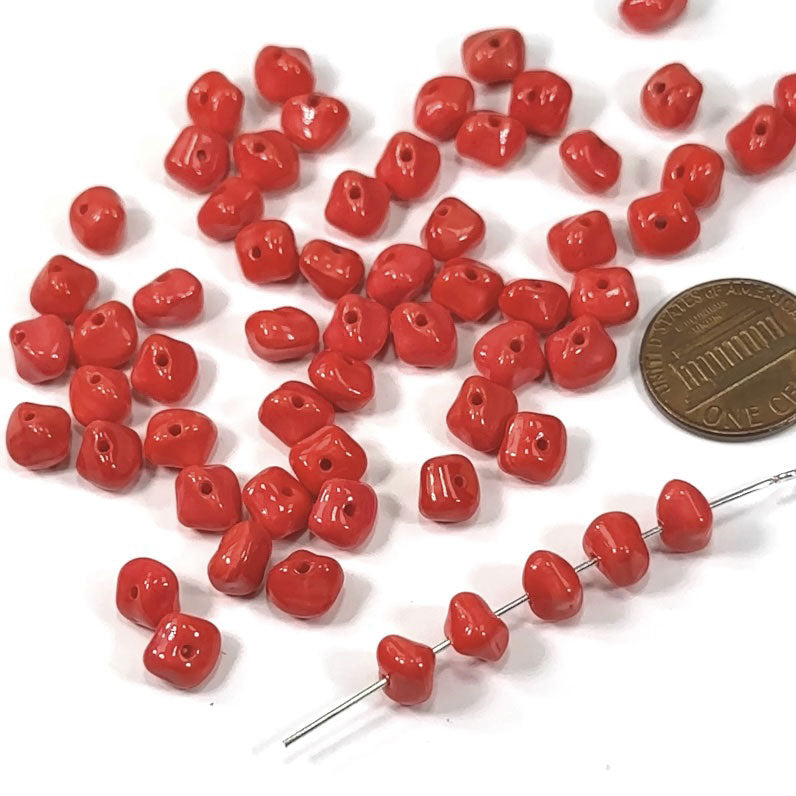 Czech Pressed Druk Center Drilled Irregular Glass Beads Coral Red Opaque 5x6mm 60pcs