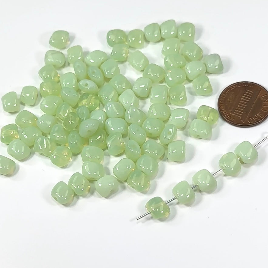Czech Pressed Druk Small Pillow Glass Beads Green Opal 6x8mm 80pcs CL115