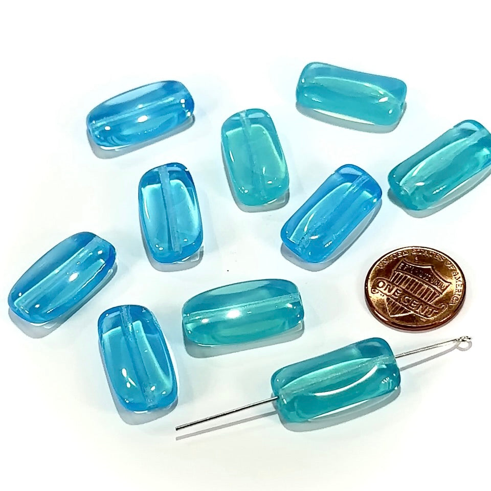 Czech Pressed Druk Twisted Rectangle Glass Beads 23x12mm Blue and Green Aqua 10pcs CL1176