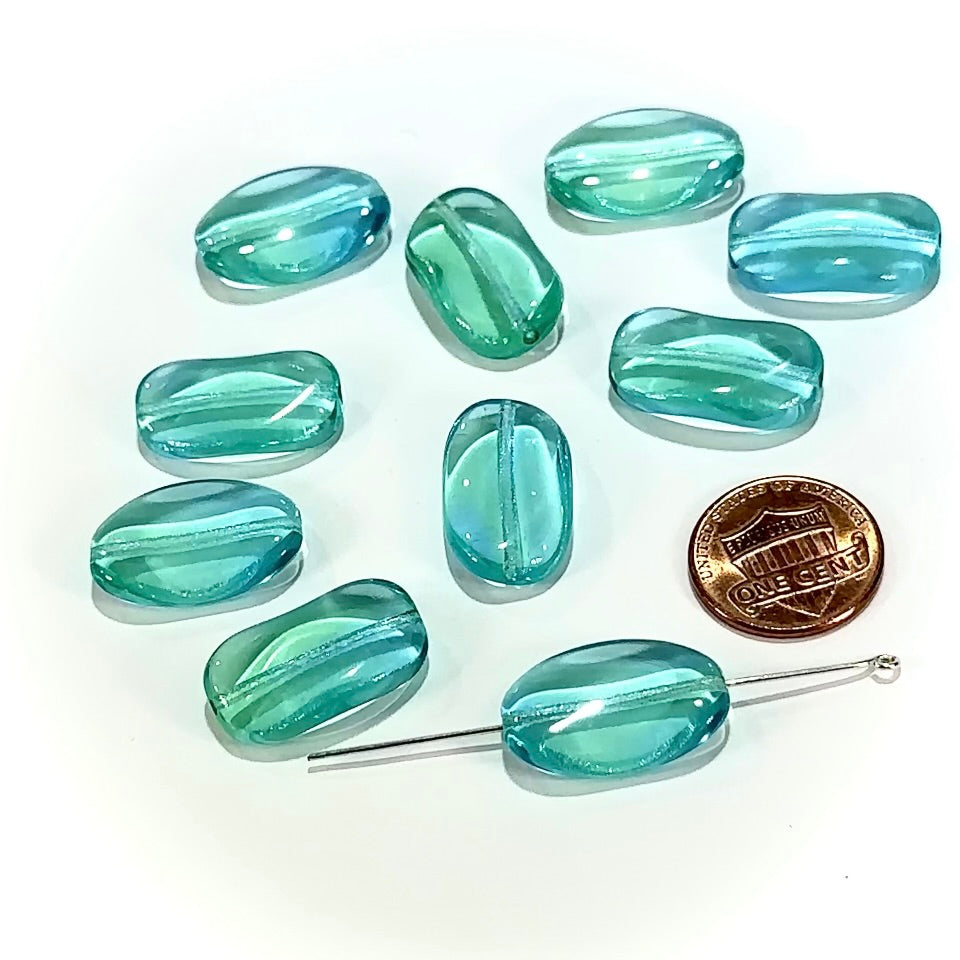 Czech Pressed Druk Twisted Rectangle Glass Beads 22x13mm 2-tone Blue Green Aqua 10pcs CL1177