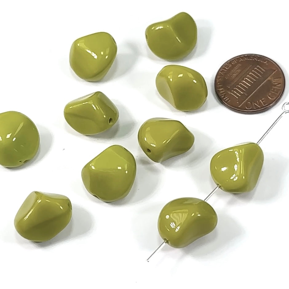 Czech Pressed Druk Fancy Glass Beads Green Opaque 15x13mm 10 pieces CL118