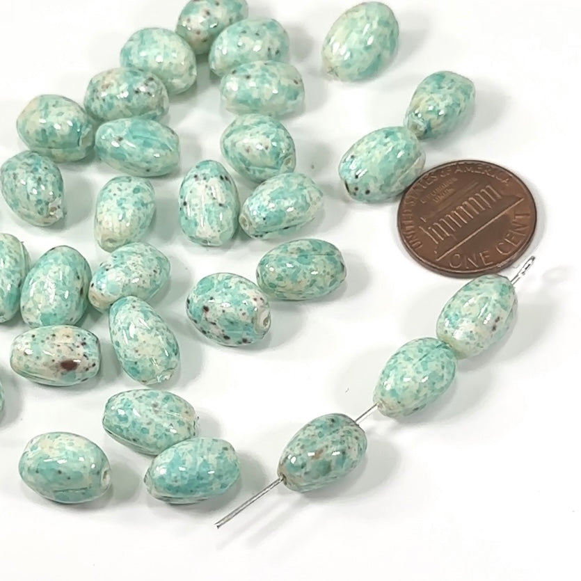 Czech Pressed Druk Fancy Olive Glass Beads ChalkWhite Green Marble Pearlized 12x8mm 30pcs CL119