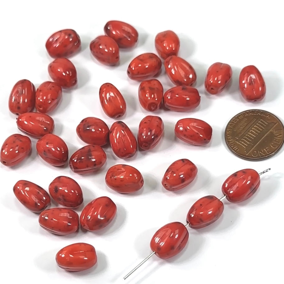 Czech Pressed Druk Fancy Olive Glass Beads ChalkWhite Red Marble Pearlized 12x8mm 30pcs CL121