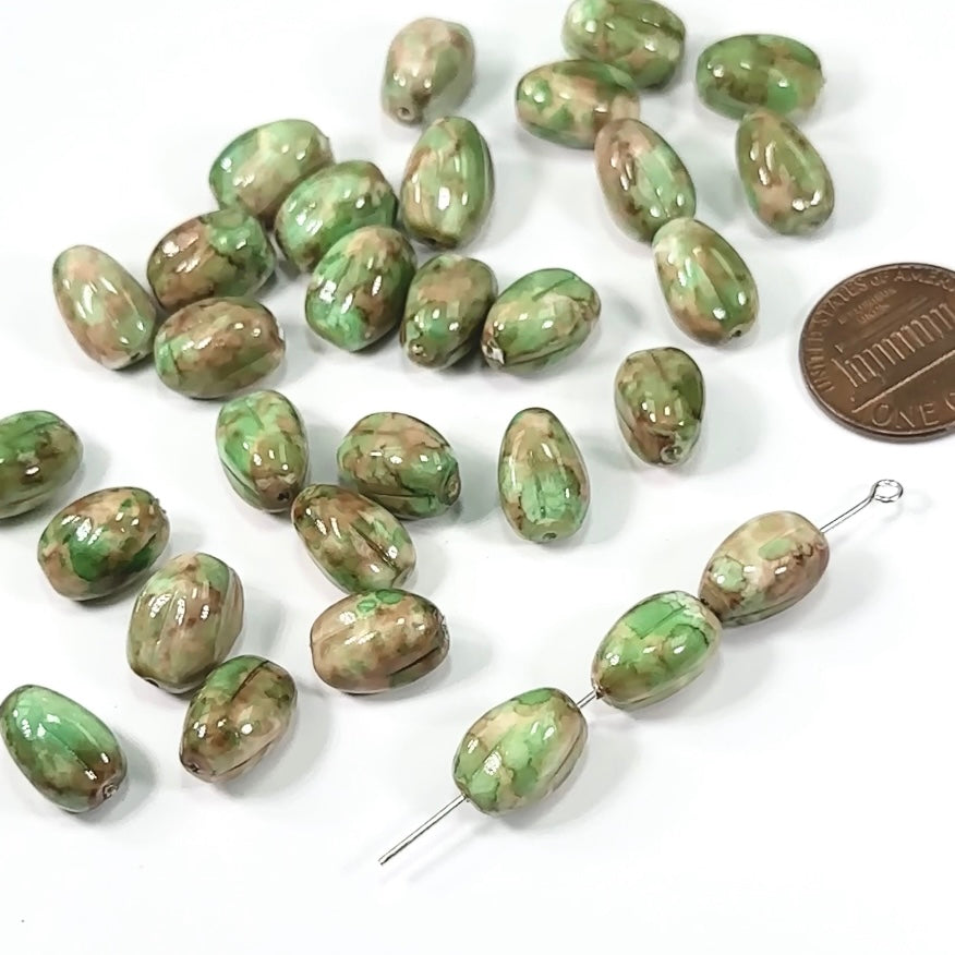 Czech Pressed Druk Fancy Olive Glass Beads ChalkWhite Green and Brown Marble Pearlized 12x8mm 30pcs CL122